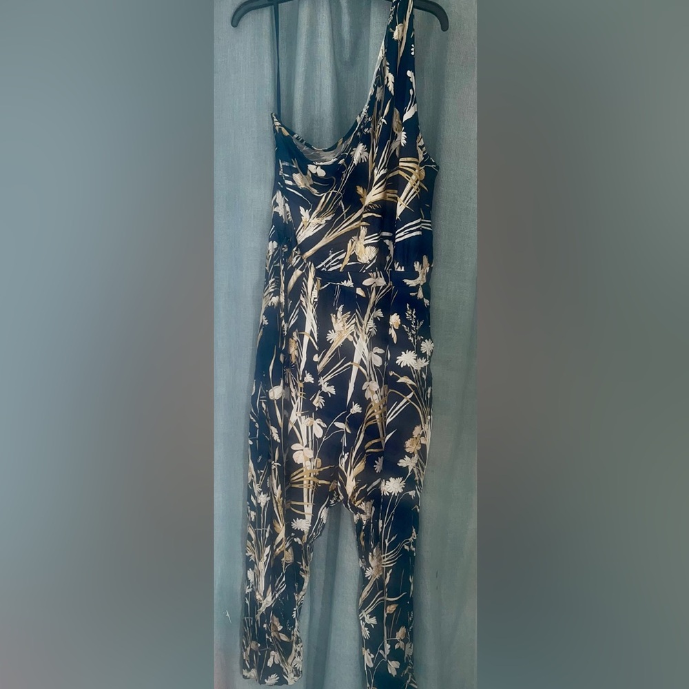 Anthropologie Maeve Navy and Cream Floral One Shoulder Jumpsuit